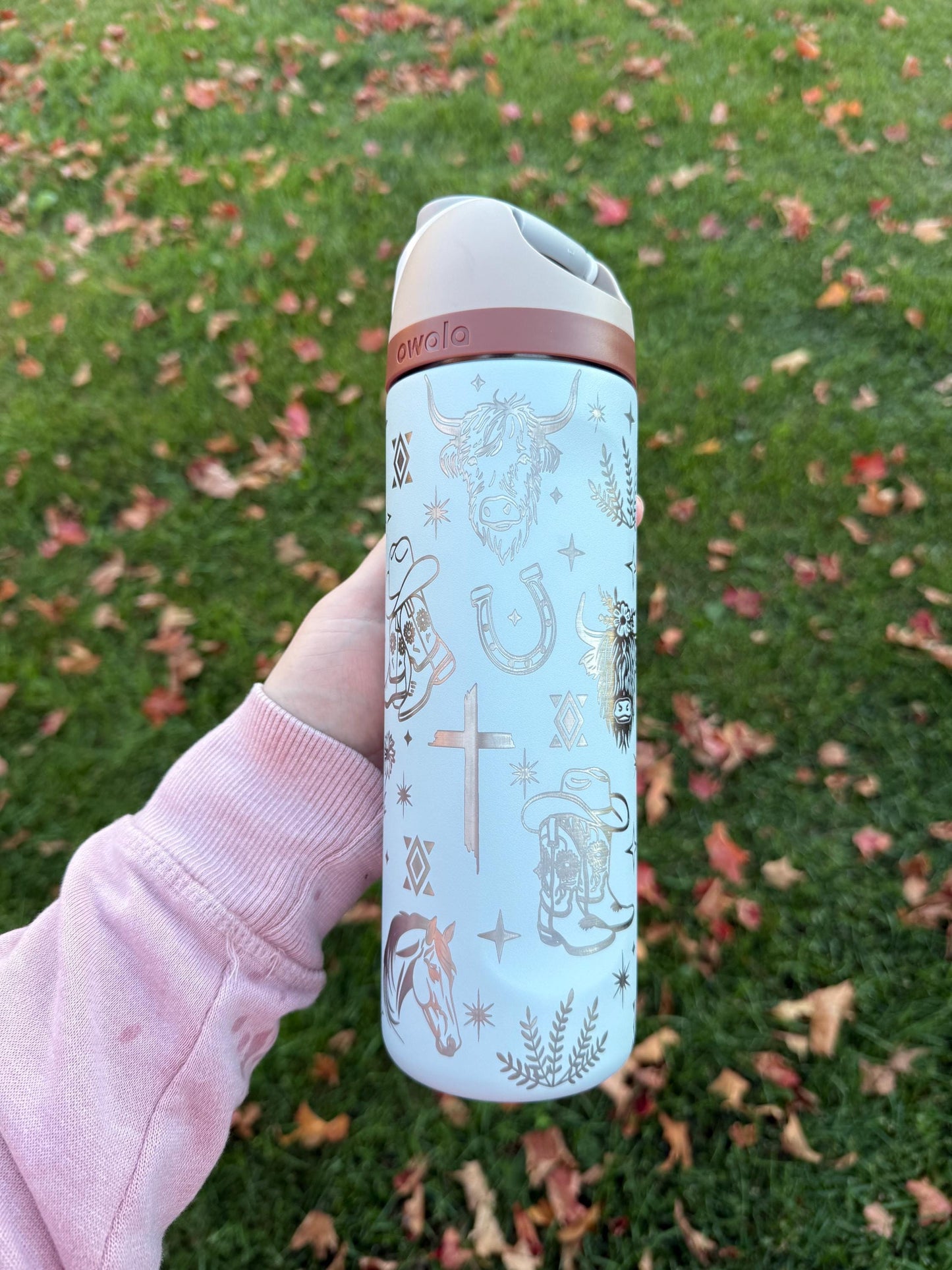 Engraved Owala Tumbler, Western Cowgirl Water Bottle, Highland Cow Tumbler, Floral Boot Aztec Design, 24 32 40 oz Cup