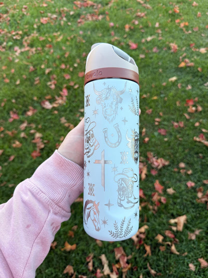 Engraved Owala Tumbler, Western Cowgirl Water Bottle, Highland Cow Tumbler, Floral Boot Aztec Design, 24 32 40 oz Cup