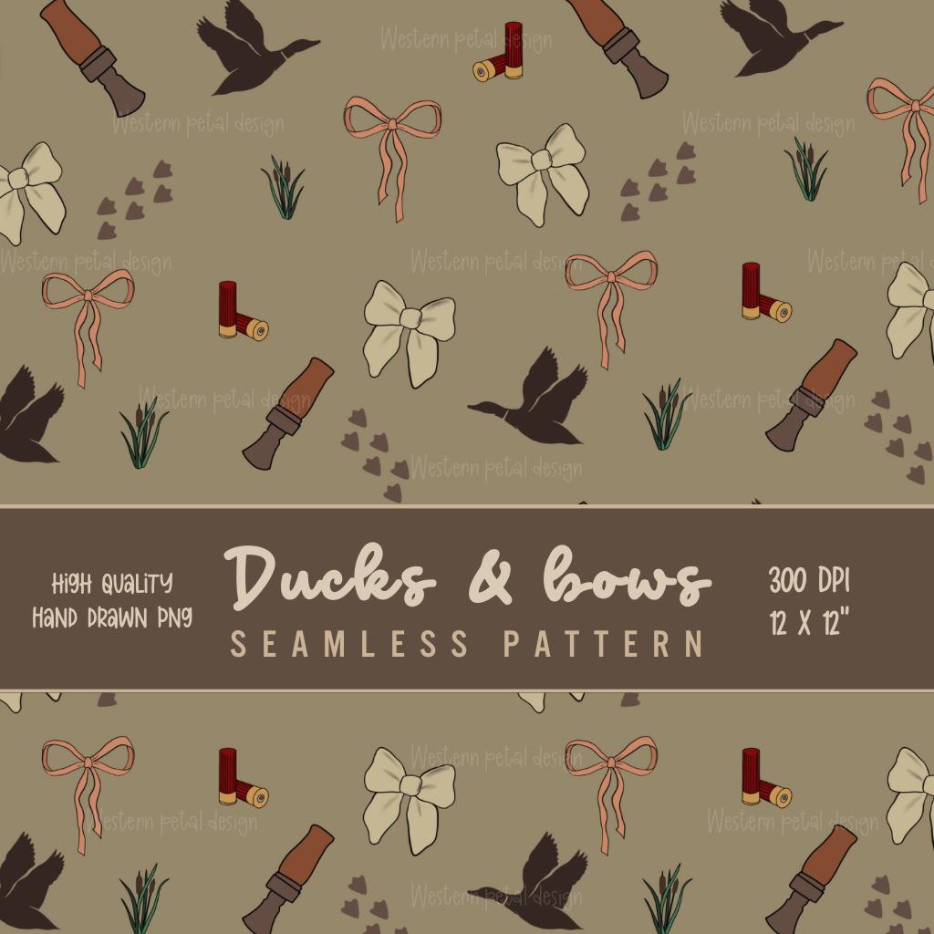 Hand-Drawn Duck Hunting & Bows Seamless Pattern | 12x12” PNG | 300 DPI Digital Download