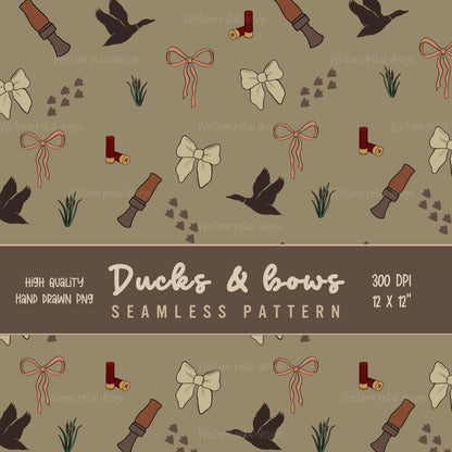 Hand-Drawn Duck Hunting & Bows Seamless Pattern | 12x12” PNG | 300 DPI Digital Download