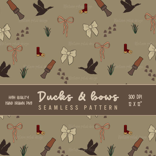 Hand-Drawn Duck Hunting & Bows Seamless Pattern | 12x12” PNG | 300 DPI Digital Download