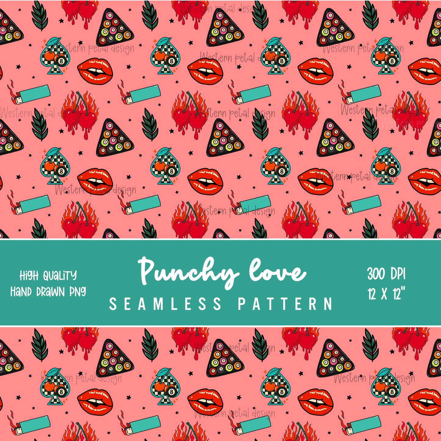 Retro Tattoo Seamless Pattern PNG | Edgy Rockabilly Digital Download with Flaming Cherries, Lips, Lighters, Stars, Pool Ball Motifs