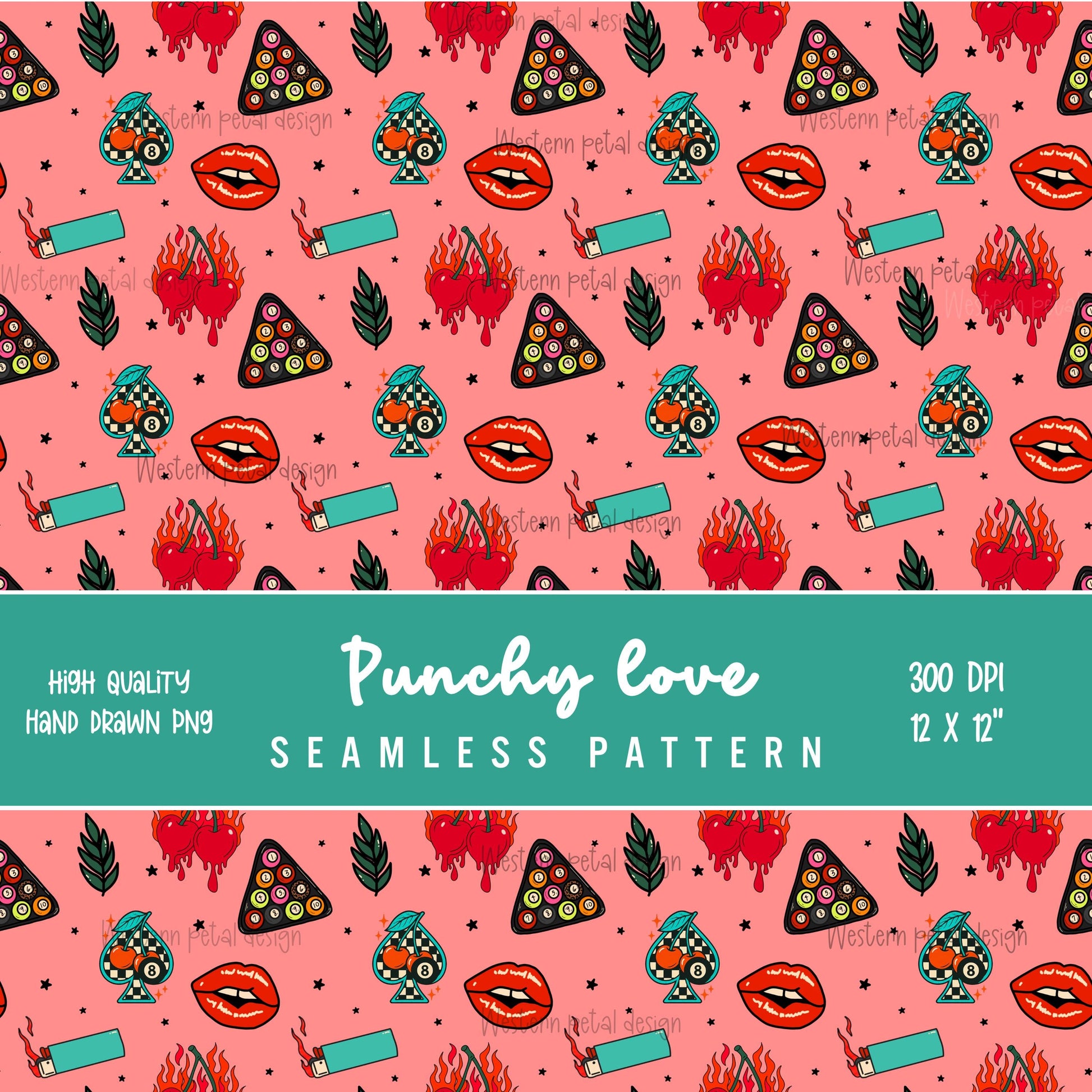 Retro Tattoo Seamless Pattern PNG | Edgy Rockabilly Digital Download with Flaming Cherries, Lips, Lighters, Stars, Pool Ball Motifs