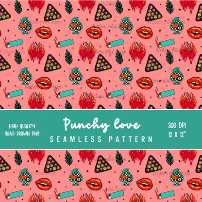 Retro Tattoo Seamless Pattern PNG | Edgy Rockabilly Digital Download with Flaming Cherries, Lips, Lighters, Stars, Pool Ball Motifs