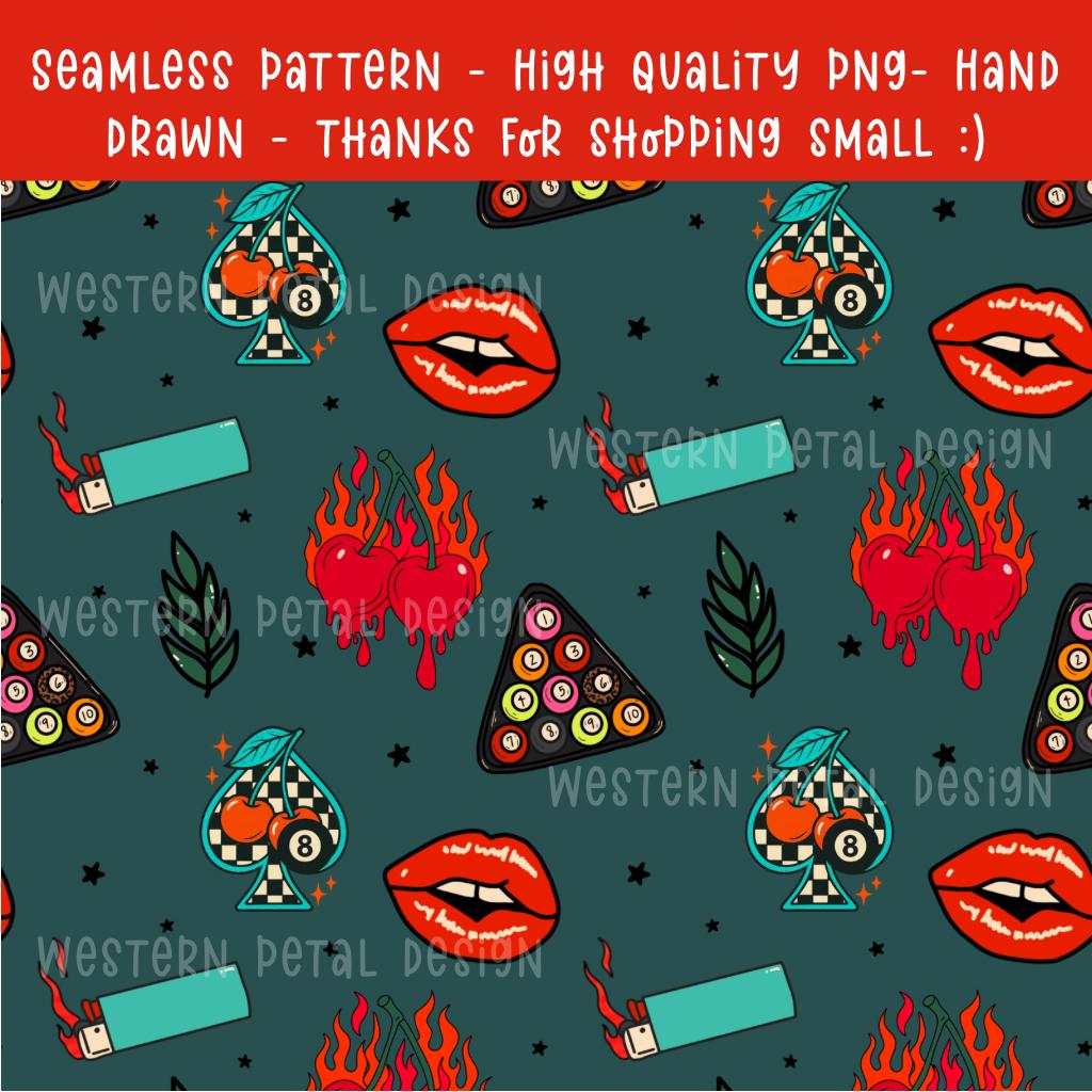 Retro Tattoo Seamless Pattern | Cherry Flames & Lips Digital Paper (12x12" PNG)