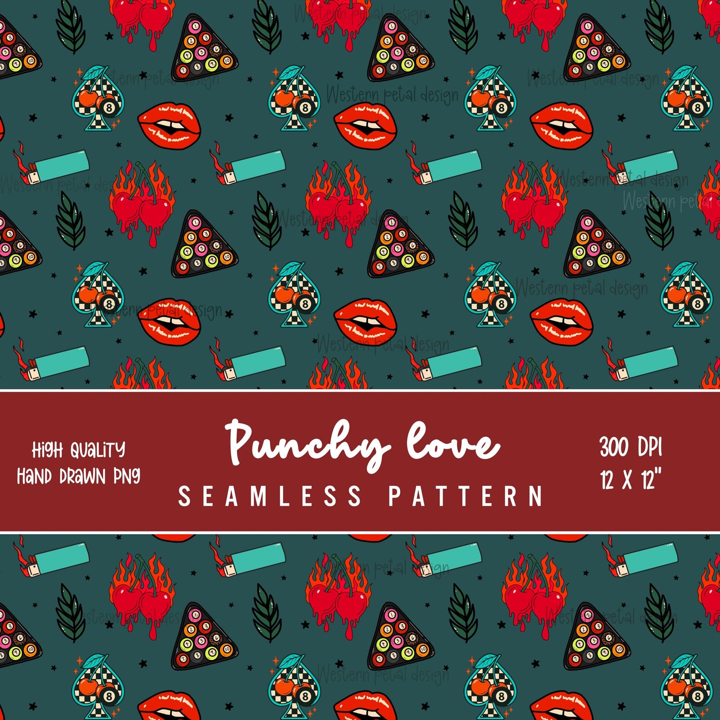 Retro Tattoo Seamless Pattern | Cherry Flames & Lips Digital Paper (12x12" PNG)