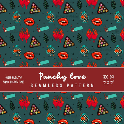 Retro Tattoo Seamless Pattern | Cherry Flames & Lips Digital Paper (12x12" PNG)