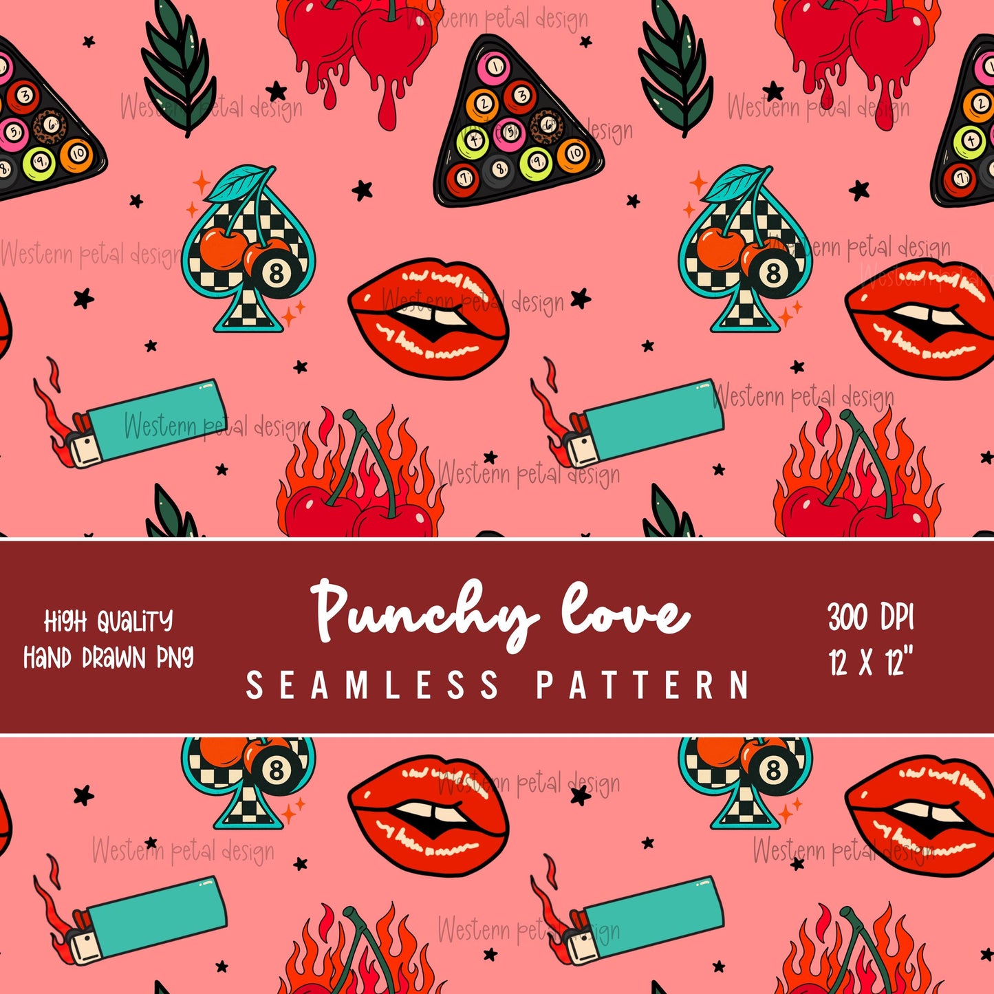 Retro Tattoo Seamless Pattern PNG | Edgy Rockabilly Digital Download with Flaming Cherries, Lips, Lighters, Stars, Pool Ball Motifs
