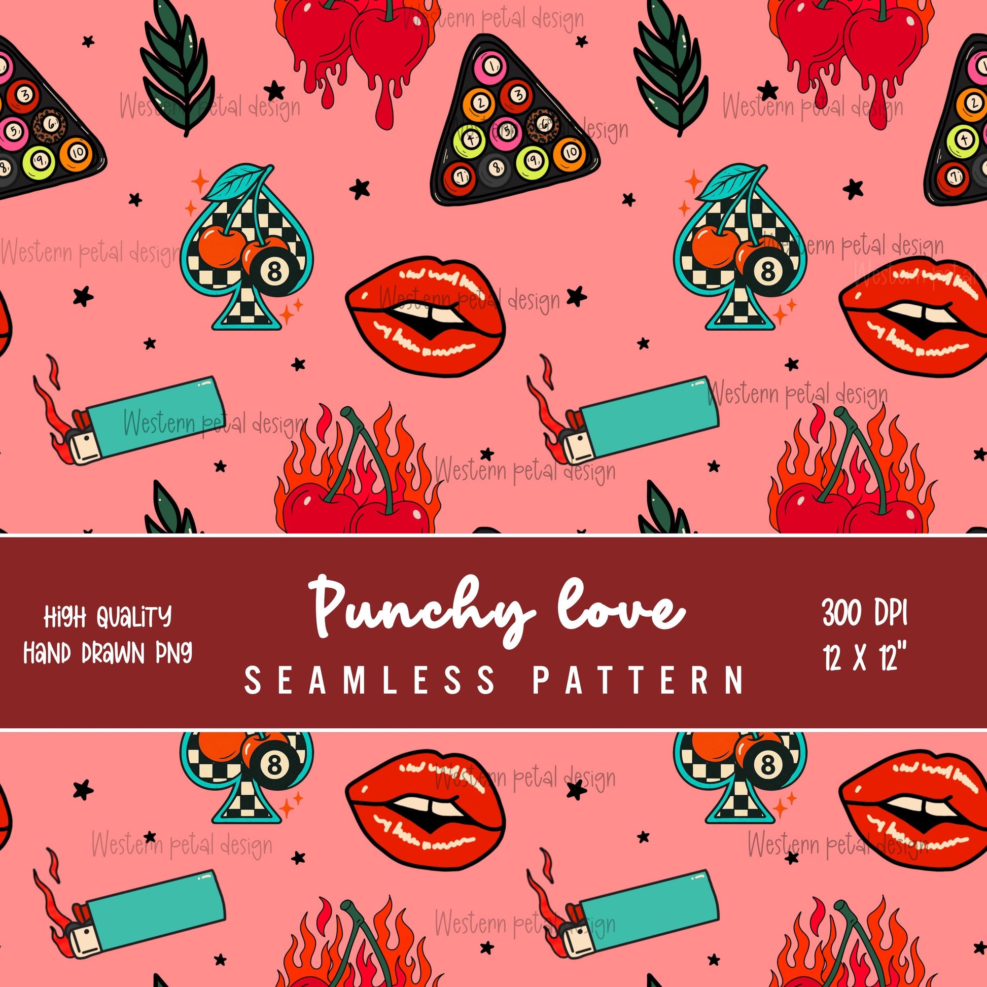 Retro Tattoo Seamless Pattern PNG | Edgy Rockabilly Digital Download with Flaming Cherries, Lips, Lighters, Stars, Pool Ball Motifs