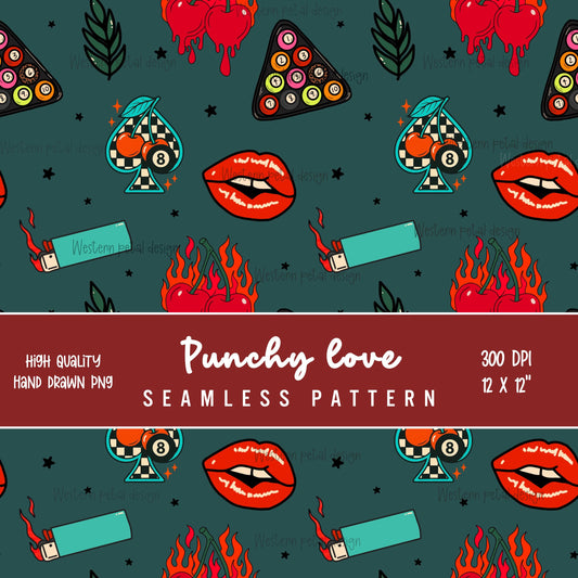 Retro Tattoo Seamless Pattern | Cherry Flames & Lips Digital Paper (12x12" PNG)