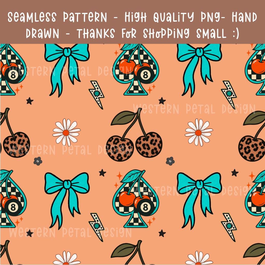 Retro Cherry Leopard Print Seamless Pattern | Teal Bow, Spade (Digital Download)
