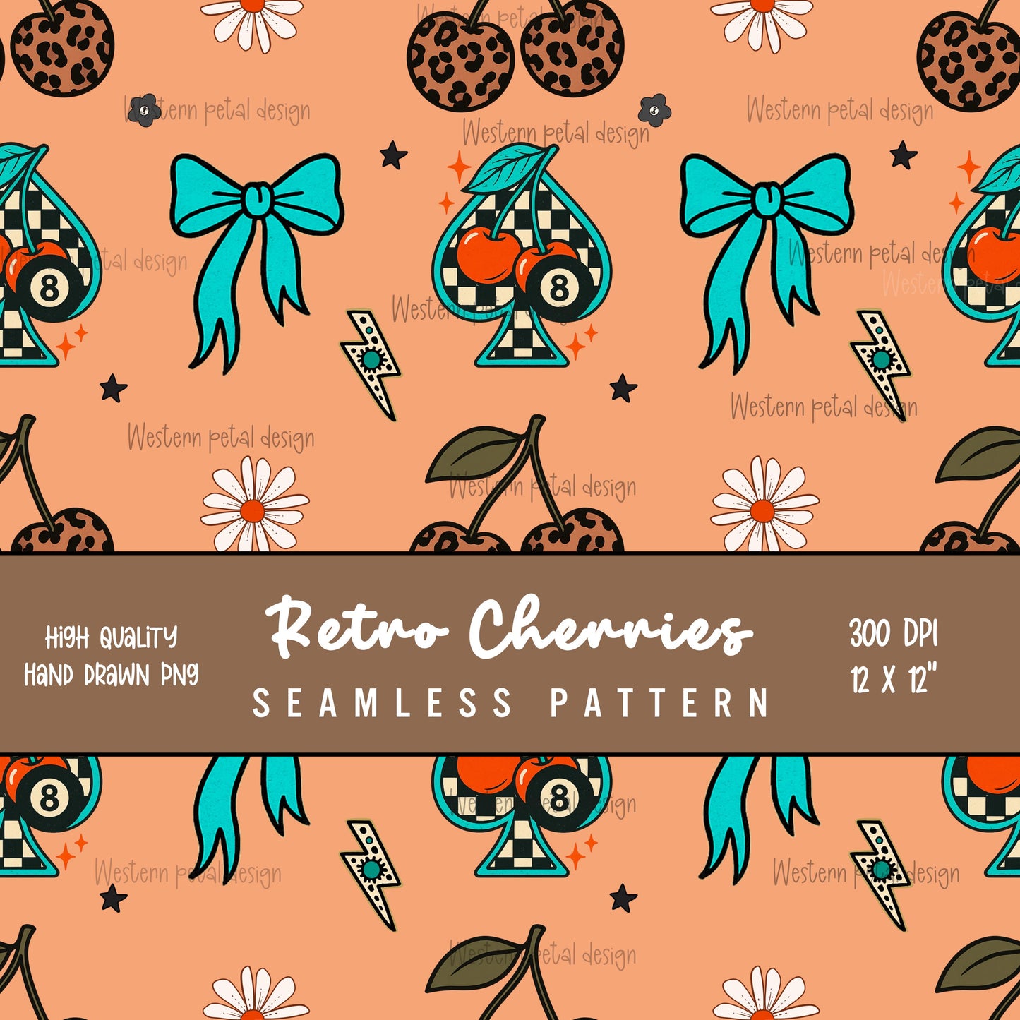 Retro Cherry Leopard Print Seamless Pattern | Teal Bow, Spade (Digital Download)