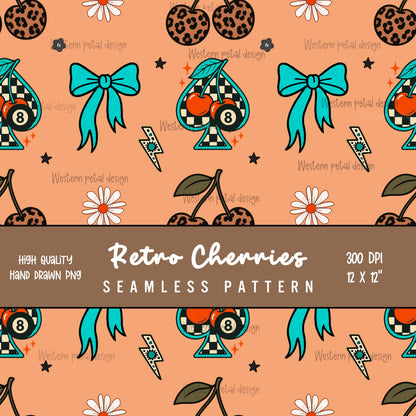 Retro Cherry Leopard Print Seamless Pattern | Teal Bow, Spade (Digital Download)