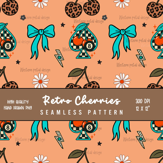Retro Cherry Leopard Print Seamless Pattern | Teal Bow, Spade (Digital Download)