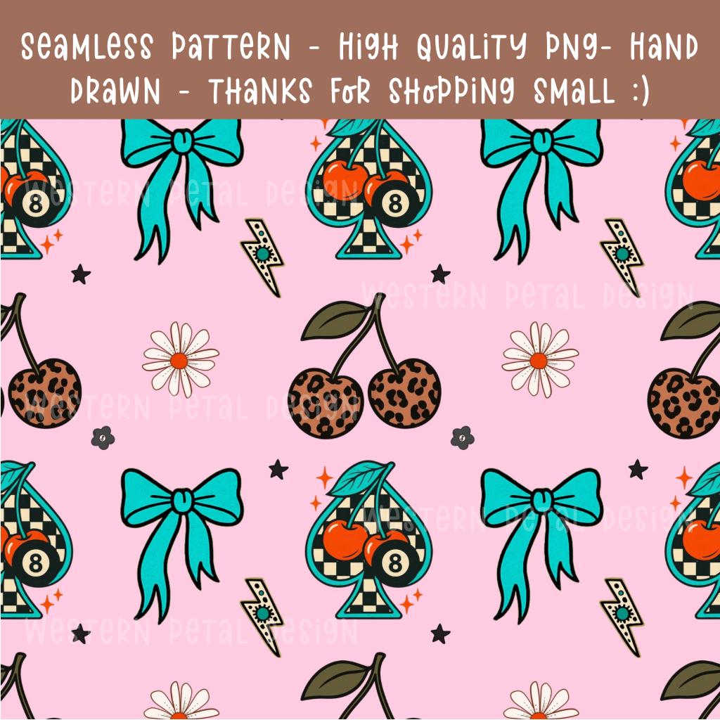 Retro Cherry Seamless Pattern | Leopard Print, Bow & Spade (Digital Download)