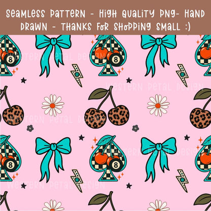 Retro Cherry Seamless Pattern | Leopard Print, Bow & Spade (Digital Download)