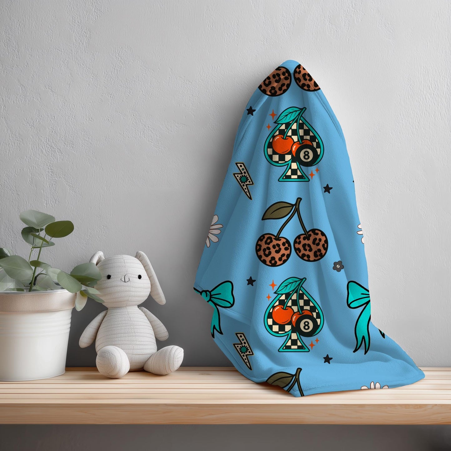 Retro Leopard Cherry Seamless Pattern | Teal Bow, Spade (Digital Download)