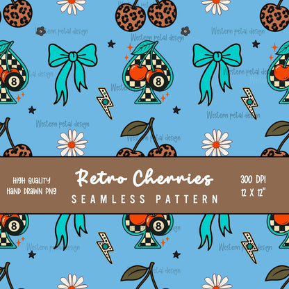 Retro Leopard Cherry Seamless Pattern | Teal Bow, Spade (Digital Download)