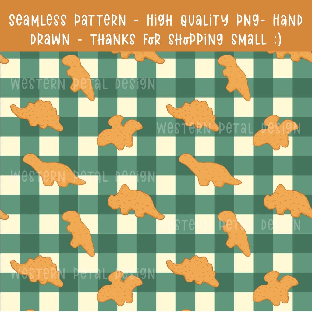 Dino Nugget Seamless Pattern, Foodie Gingham Digital Paper (12x12 PNG)