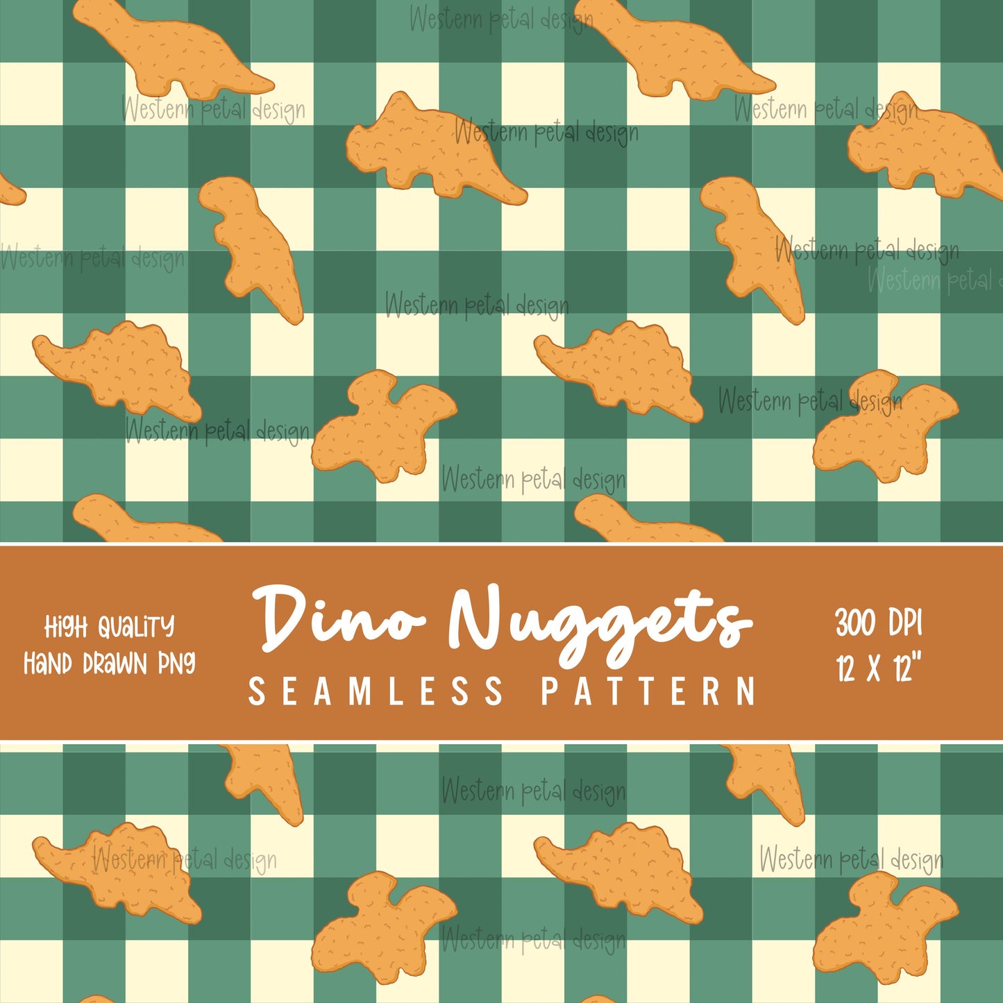 Dino Nugget Seamless Pattern, Foodie Gingham Digital Paper (12x12 PNG)