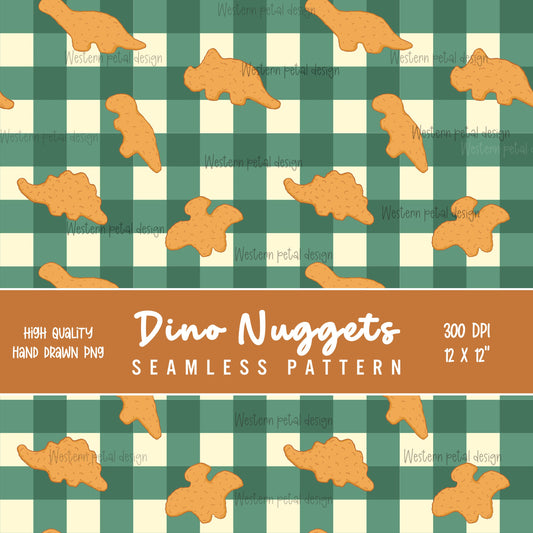 Dino Nugget Seamless Pattern, Foodie Gingham Digital Paper (12x12 PNG)