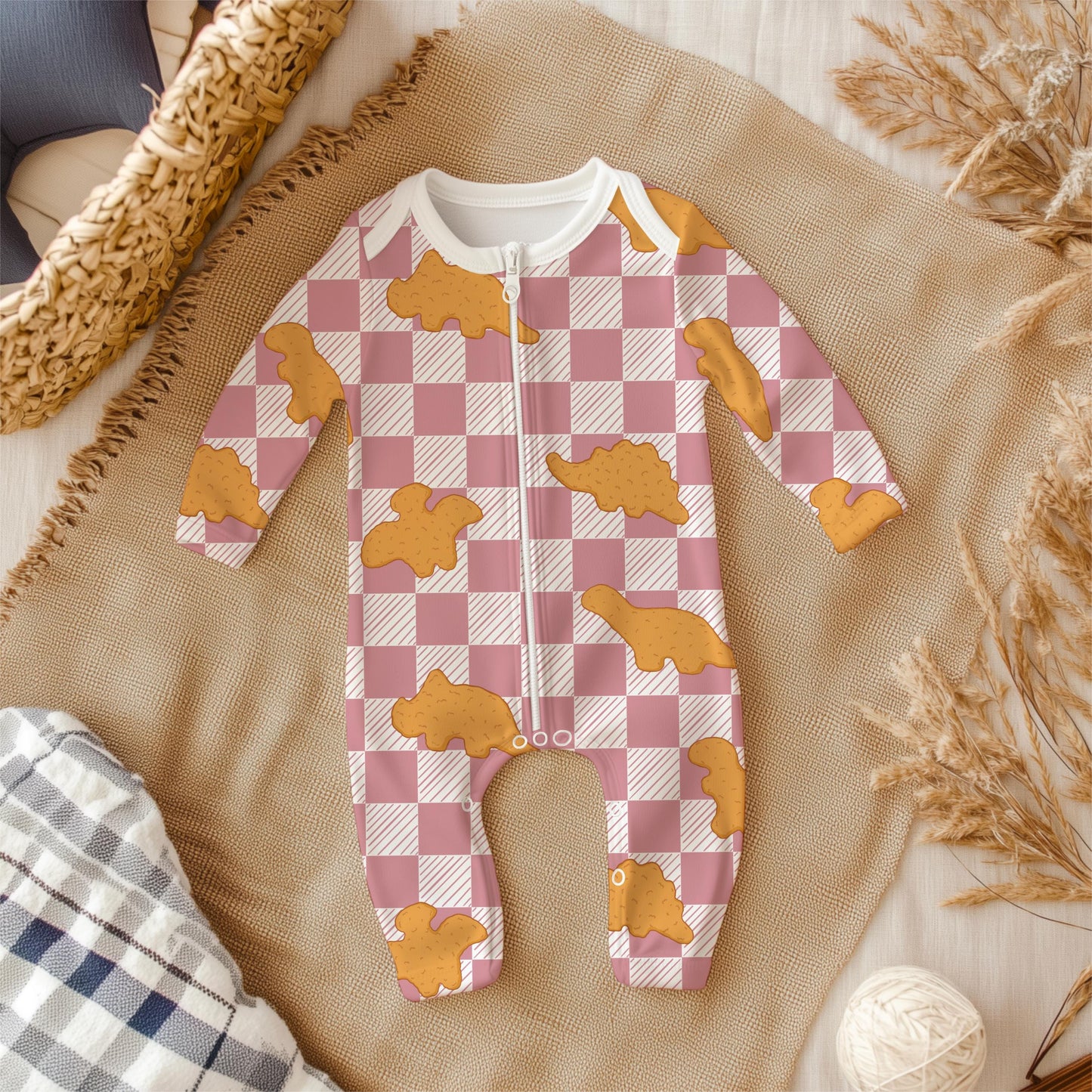 Dino Nugget Seamless Pattern | Hand-Drawn Foodie Gingham Digital Background for Kids Fabric Printing, Sublimation Design, 12x12 PNG