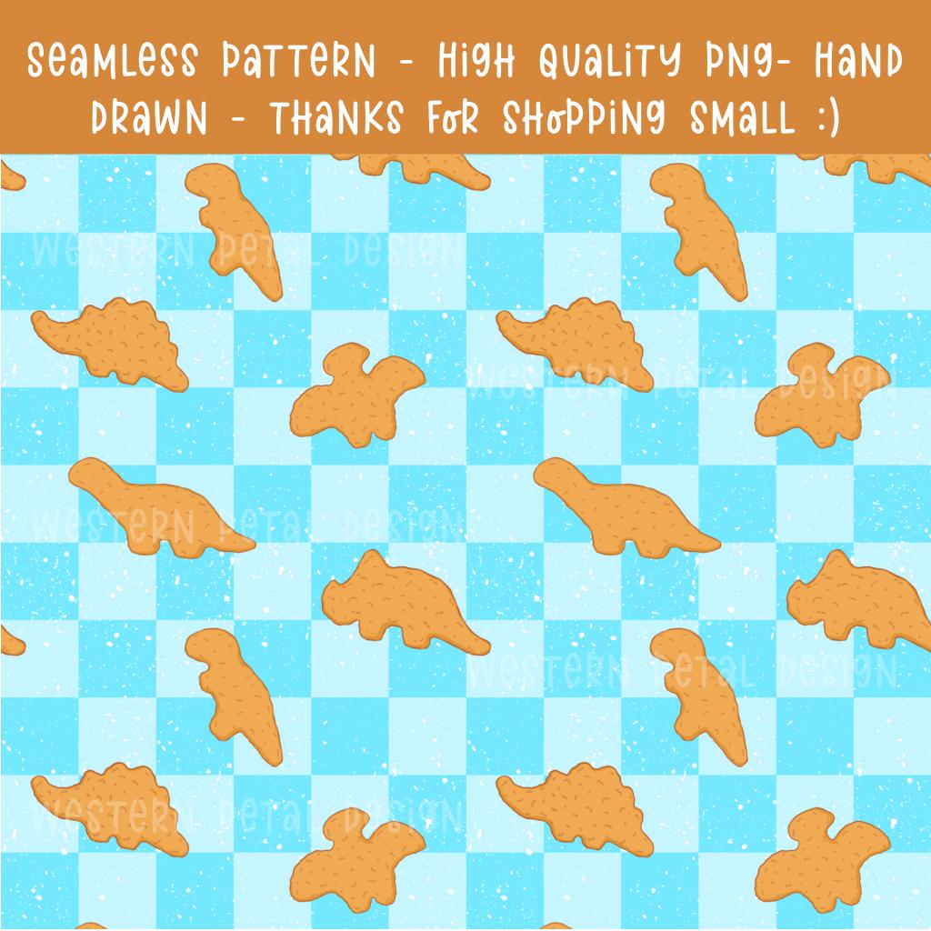 Dino Nugget Seamless Pattern PNG, Chicken Nugget Dinosaur Digital Paper, Blue Checker Pattern, Cute Food Seamless Design, 12x12 Sublimation