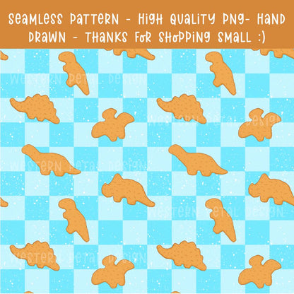 Dino Nugget Seamless Pattern PNG, Chicken Nugget Dinosaur Digital Paper, Blue Checker Pattern, Cute Food Seamless Design, 12x12 Sublimation
