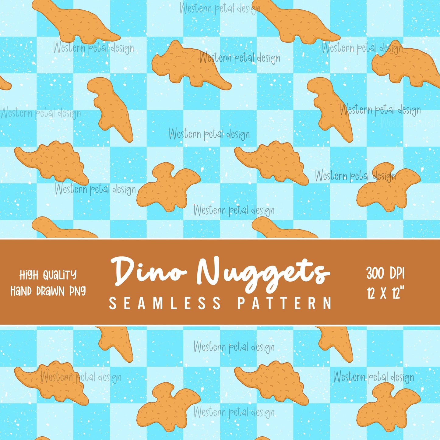 Dino Nugget Seamless Pattern PNG, Chicken Nugget Dinosaur Digital Paper, Blue Checker Pattern, Cute Food Seamless Design, 12x12 Sublimation