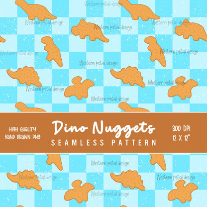 Dino Nugget Seamless Pattern PNG, Chicken Nugget Dinosaur Digital Paper, Blue Checker Pattern, Cute Food Seamless Design, 12x12 Sublimation