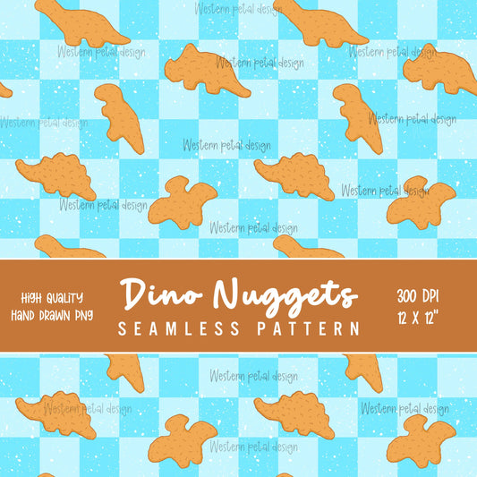 Dino Nugget Seamless Pattern PNG, Chicken Nugget Dinosaur Digital Paper, Blue Checker Pattern, Cute Food Seamless Design, 12x12 Sublimation