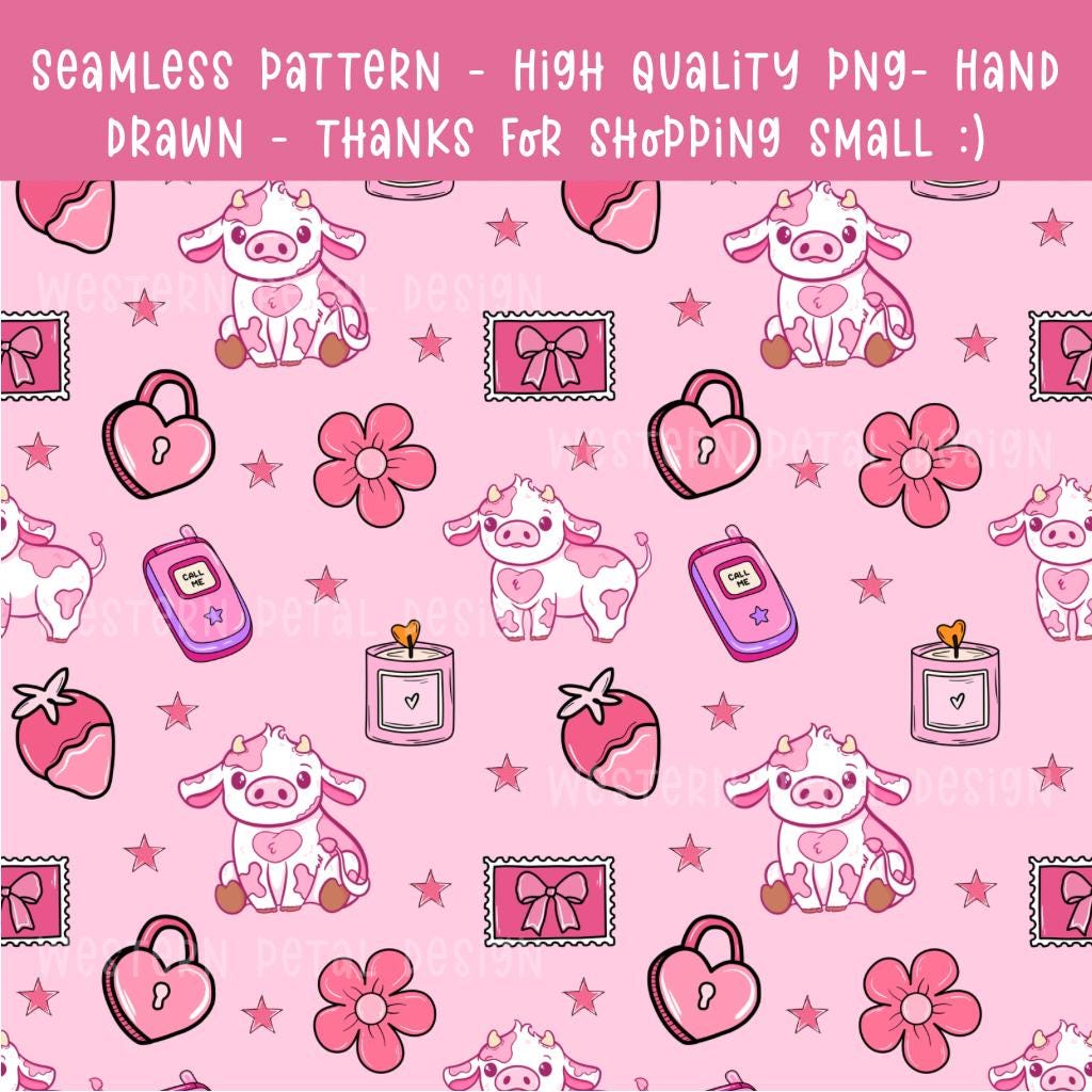 Mootiful Love Cow Seamless Pattern | Pink Valentine Cow Print Digital Paper for Tumbler Wraps, Fabric, Scrapbooking, Crafts, and POD Designs