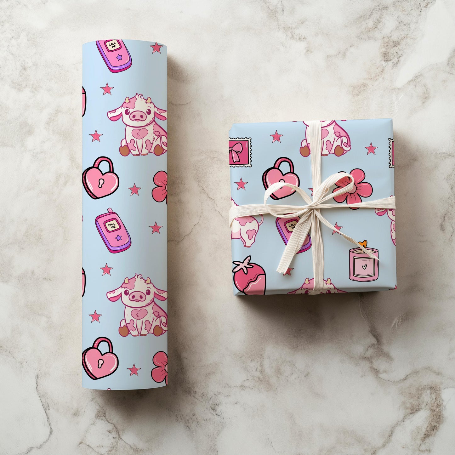 Pink Cow Seamless Pattern, Kawaii Animals Fabric Design, Valentine's Day Digital Paper (PNG Download