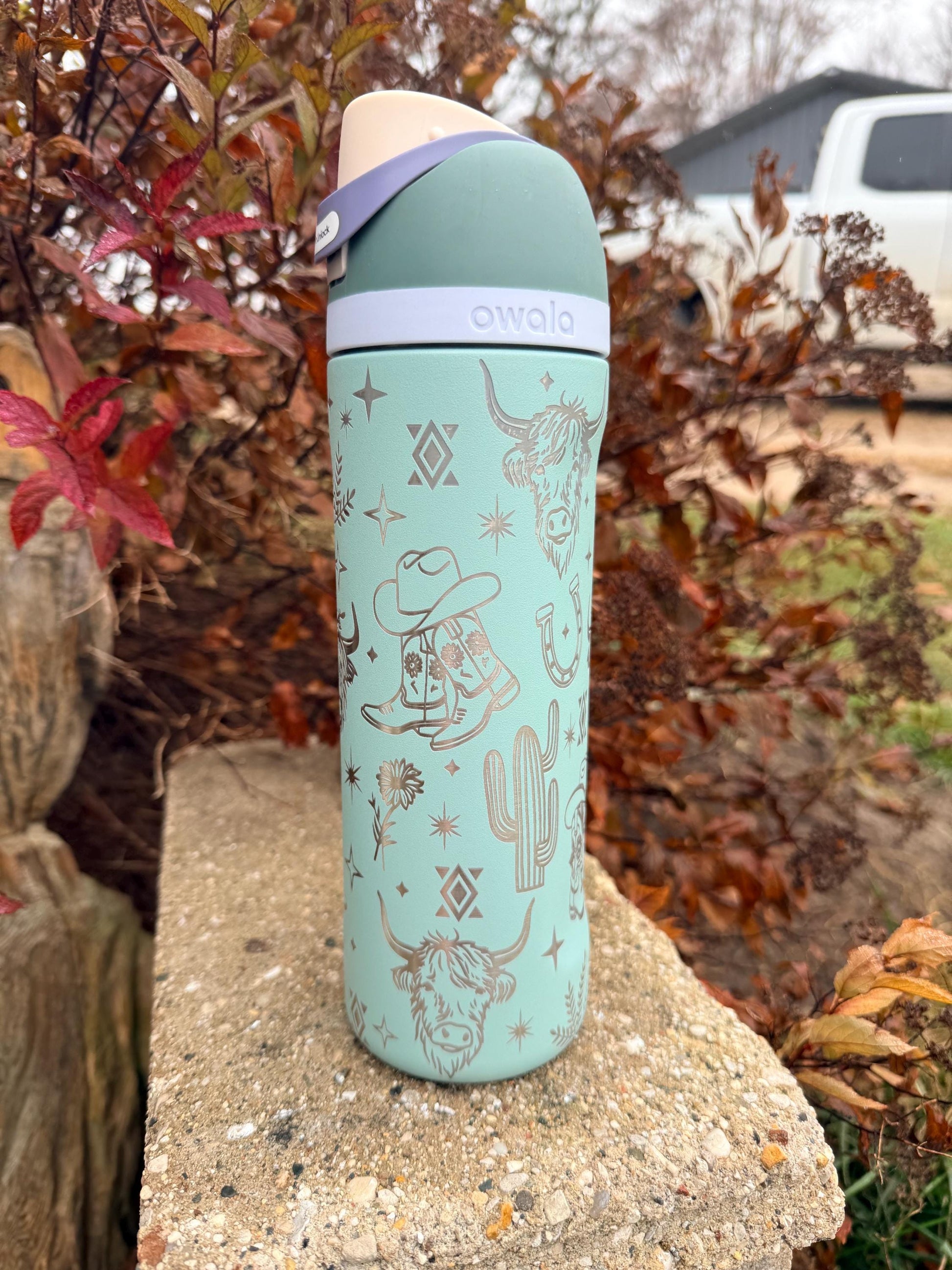 Engraved Owala Tumbler, Western Cowgirl Water Bottle, Highland Cow Tumbler, Floral Boot Aztec Design, 24 32 40 oz Cup