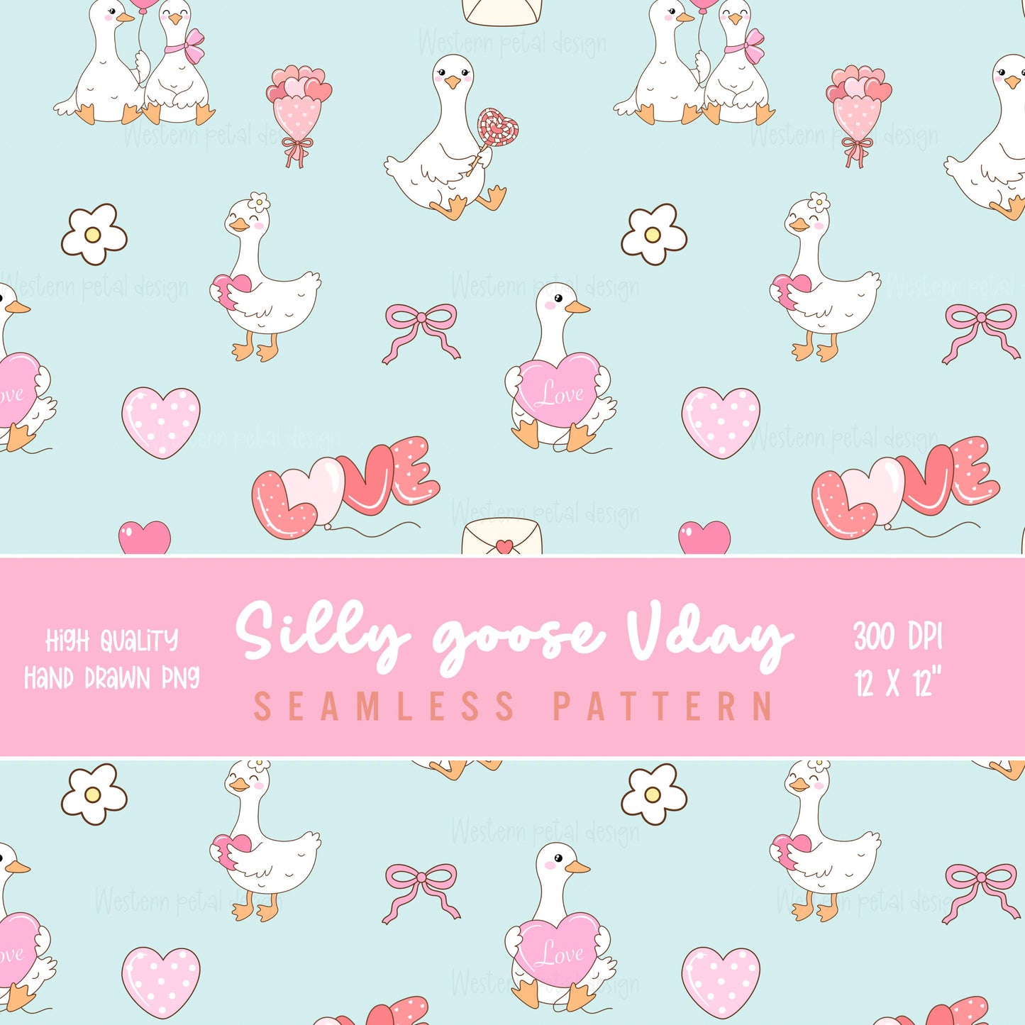 Silly Goose Valentine's Day Seamless Pattern, Hand Drawn PNG, 12x12" (Digital Download)