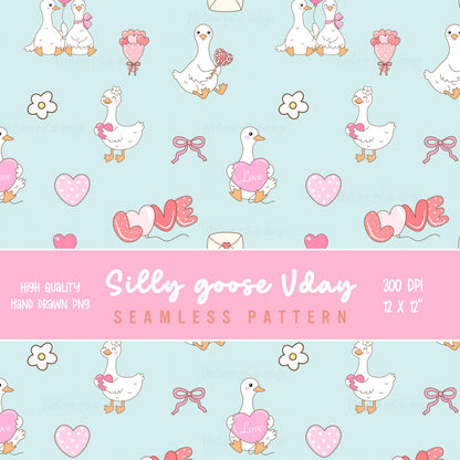 Silly Goose Valentine's Day Seamless Pattern, Hand Drawn PNG, 12x12" (Digital Download)