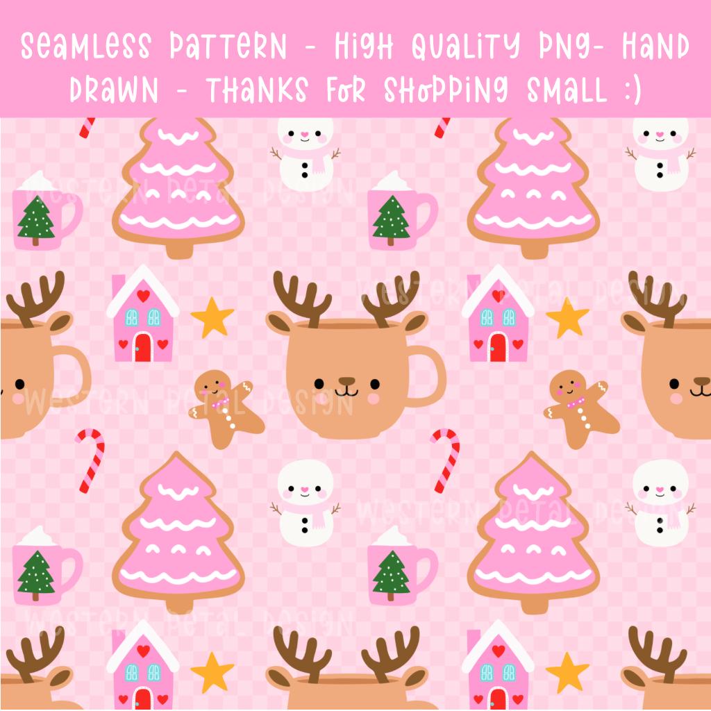 Pink Christmas Pattern | Kawaii Holiday PNG, Gingerbread, Reindeer (Digital Paper)