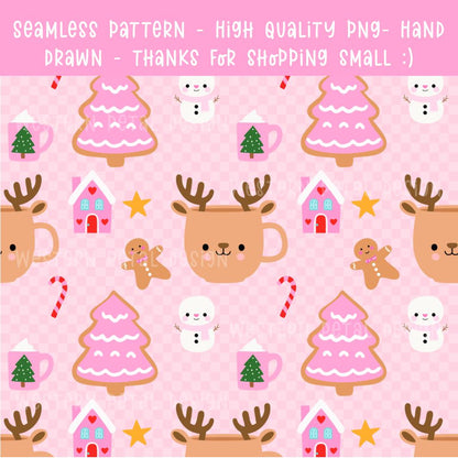 Pink Christmas Pattern | Kawaii Holiday PNG, Gingerbread, Reindeer (Digital Paper)
