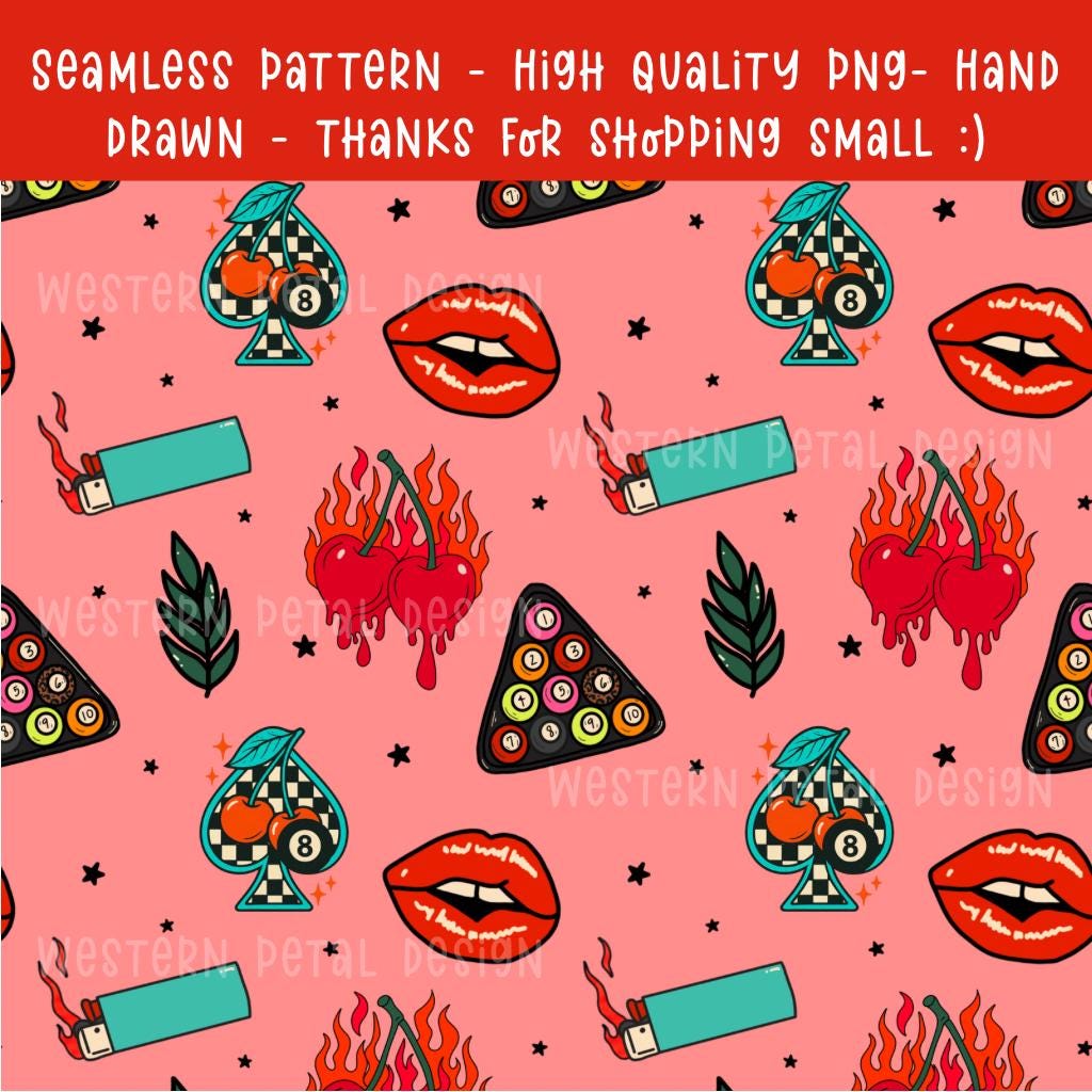 Retro Tattoo Seamless Pattern PNG | Edgy Rockabilly Digital Download with Flaming Cherries, Lips, Lighters, Stars, Pool Ball Motifs