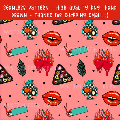Retro Tattoo Seamless Pattern PNG | Edgy Rockabilly Digital Download with Flaming Cherries, Lips, Lighters, Stars, Pool Ball Motifs
