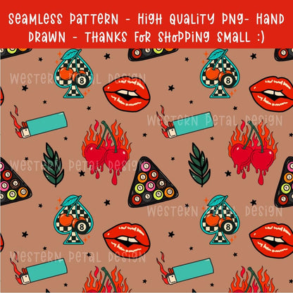 Hand Drawn Tattoo Seamless Pattern | Retro Cherry Flames (Digital Download)