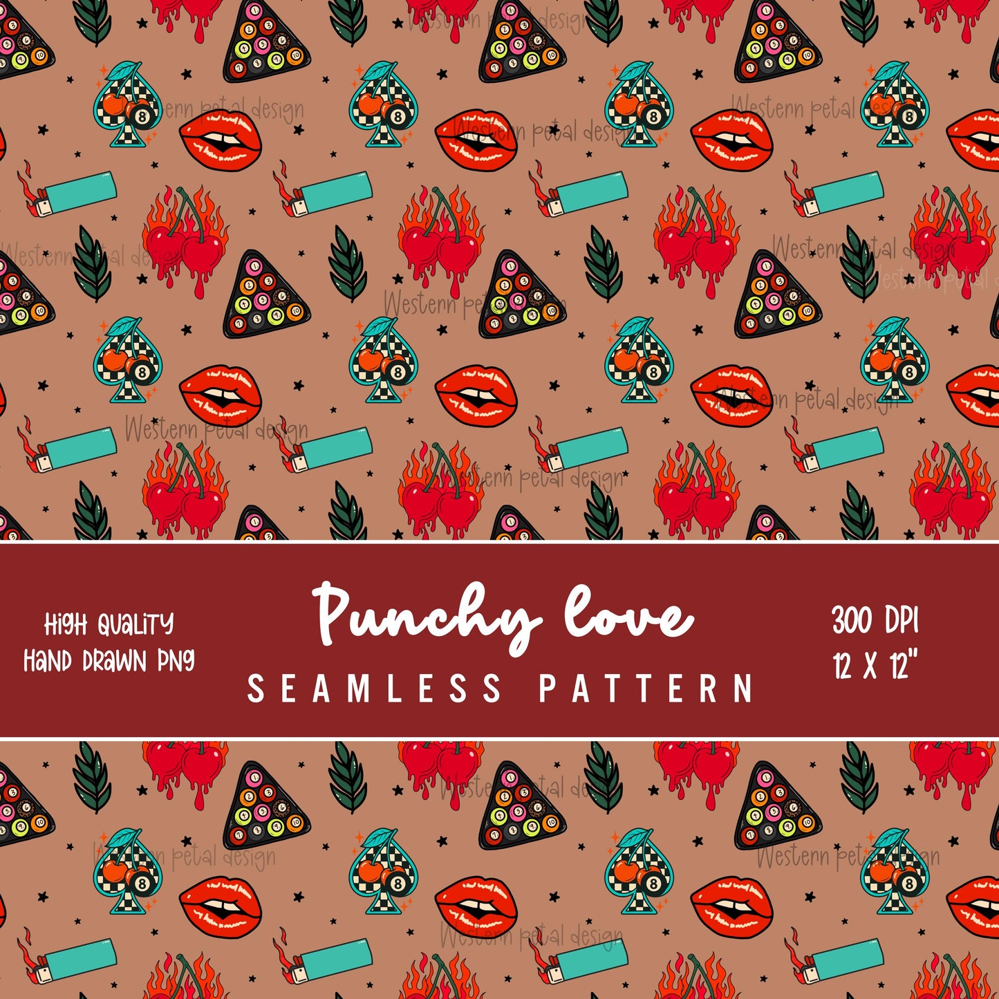 Hand Drawn Tattoo Seamless Pattern | Retro Cherry Flames (Digital Download)