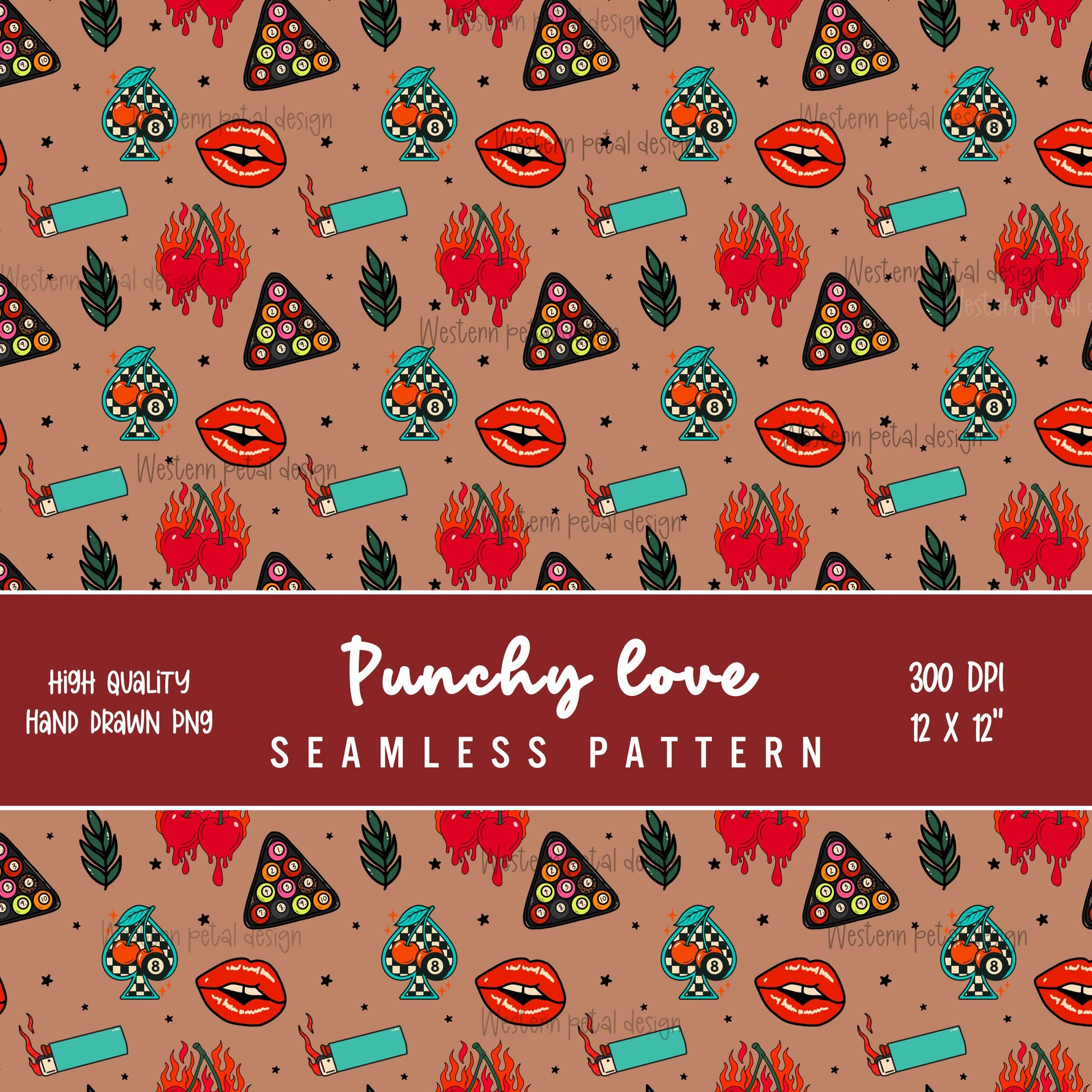 Hand Drawn Tattoo Seamless Pattern | Retro Cherry Flames (Digital Download)