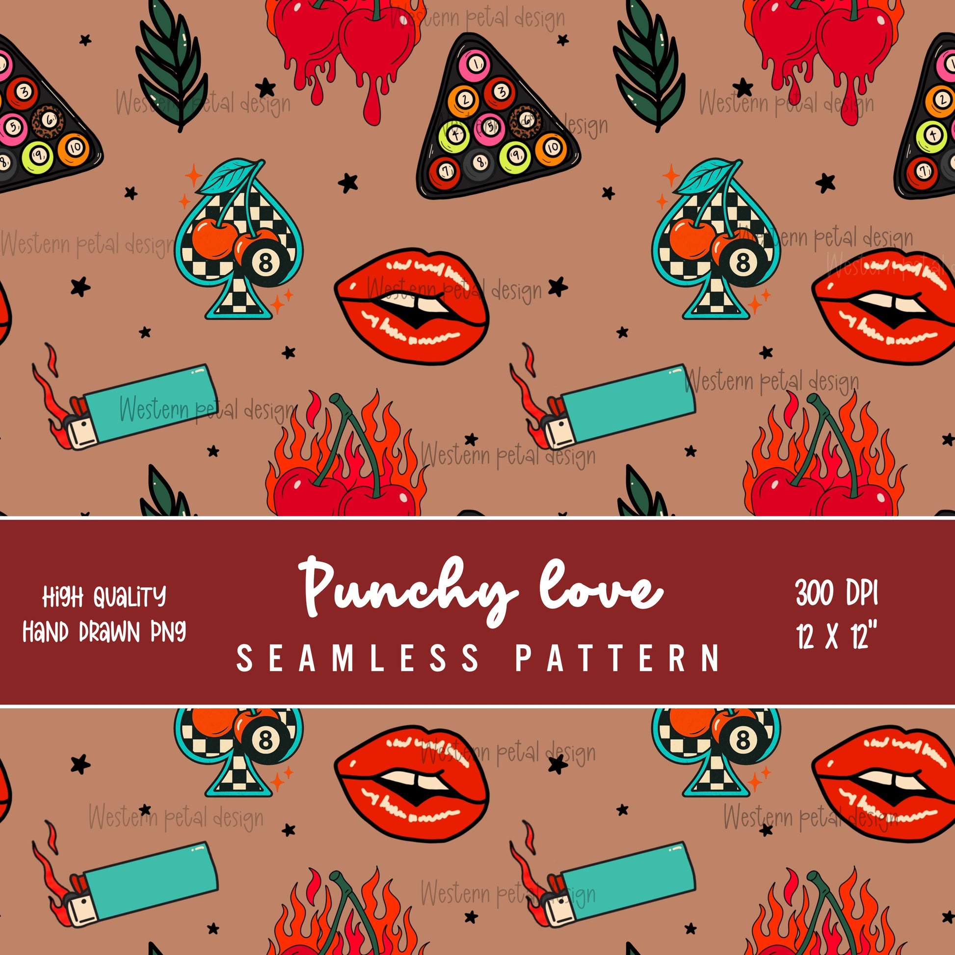Hand Drawn Tattoo Seamless Pattern | Retro Cherry Flames (Digital Download)