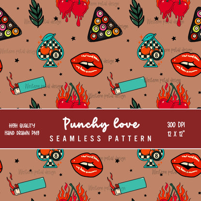 Hand Drawn Tattoo Seamless Pattern | Retro Cherry Flames (Digital Download)