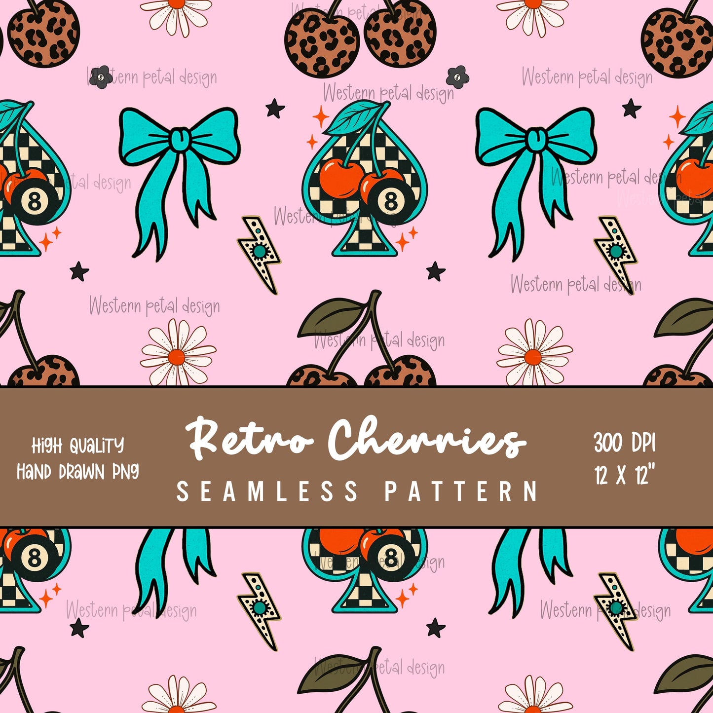 Retro Cherry Seamless Pattern | Leopard Print, Bow & Spade (Digital Download)