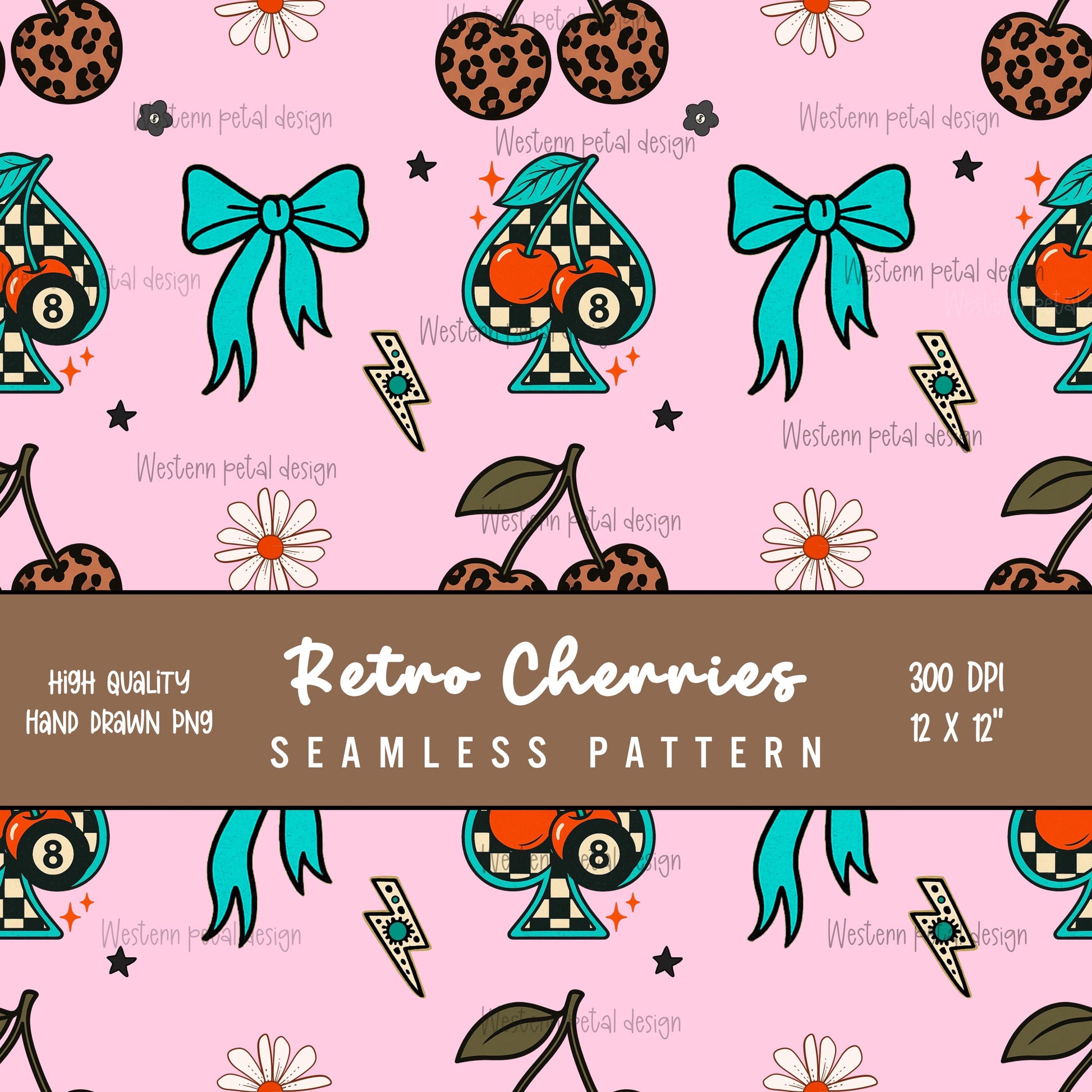 Retro Cherry Seamless Pattern | Leopard Print, Bow & Spade (Digital Download)