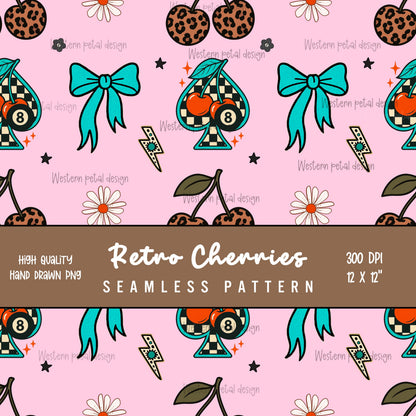 Retro Cherry Seamless Pattern | Leopard Print, Bow & Spade (Digital Download)