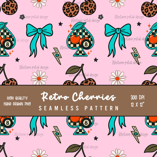 Retro Cherry Seamless Pattern | Leopard Print, Bow & Spade (Digital Download)