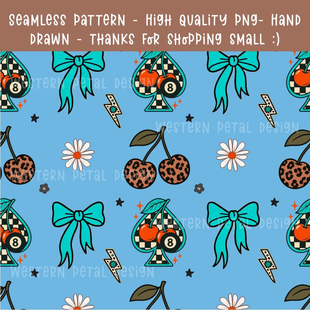 Retro Leopard Cherry Seamless Pattern | Teal Bow, Spade (Digital Download)
